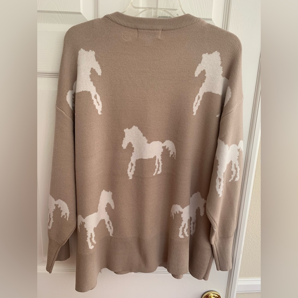 NWT Jason Wu Sweater: Beige w/White Horses, Crewneck, Long Sleeves, Viscose 2X - Picture 2 of 13